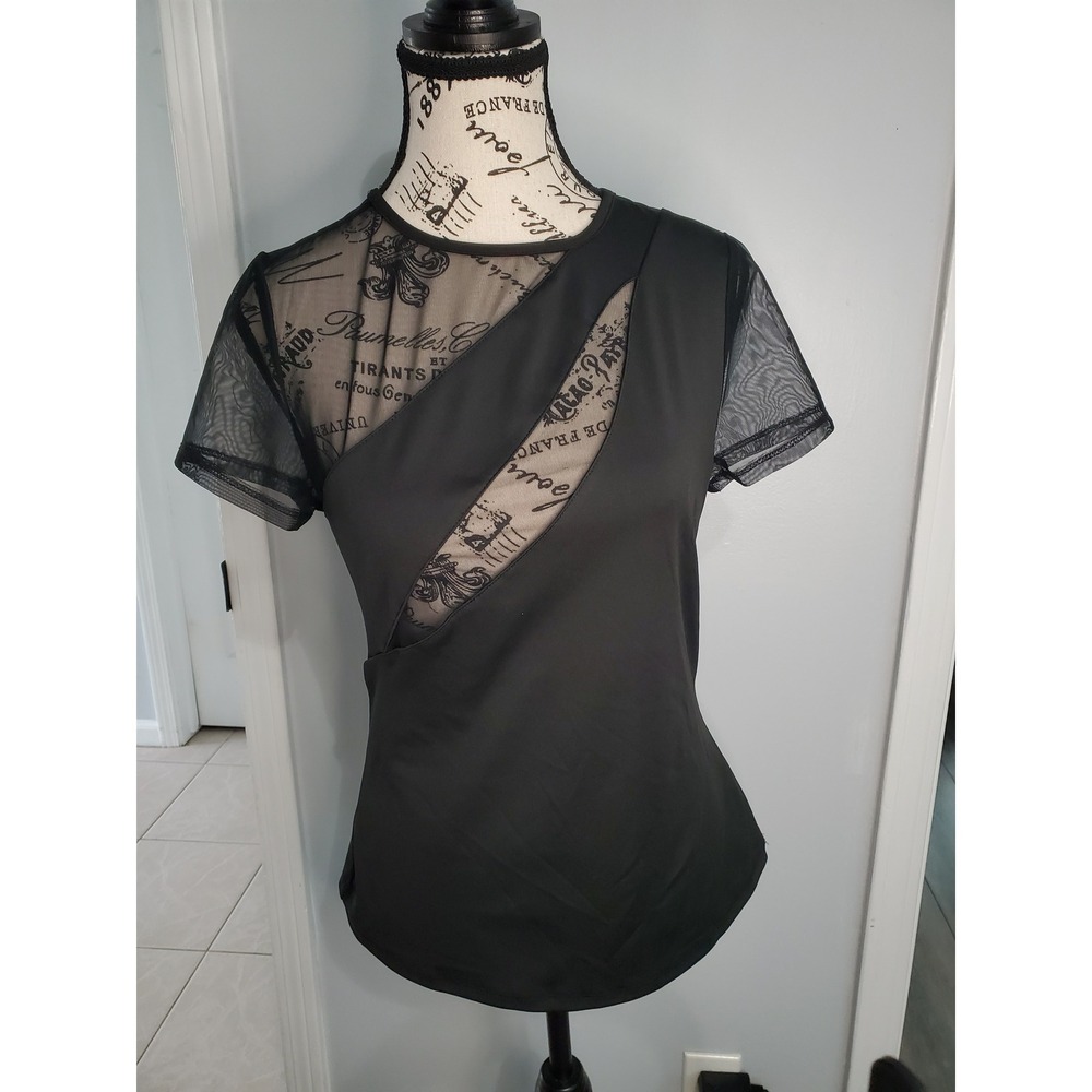 Black Sheer Mesh Cut Out Short Sleeve Top Crew Neck Asymmetrical Blouse